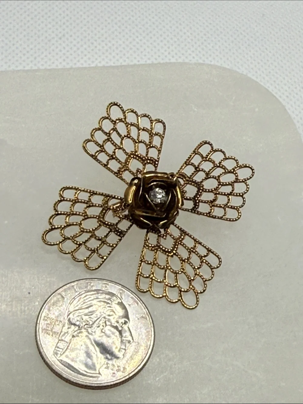 Gold Filigree Floral Brooch with Clear Crystal Center